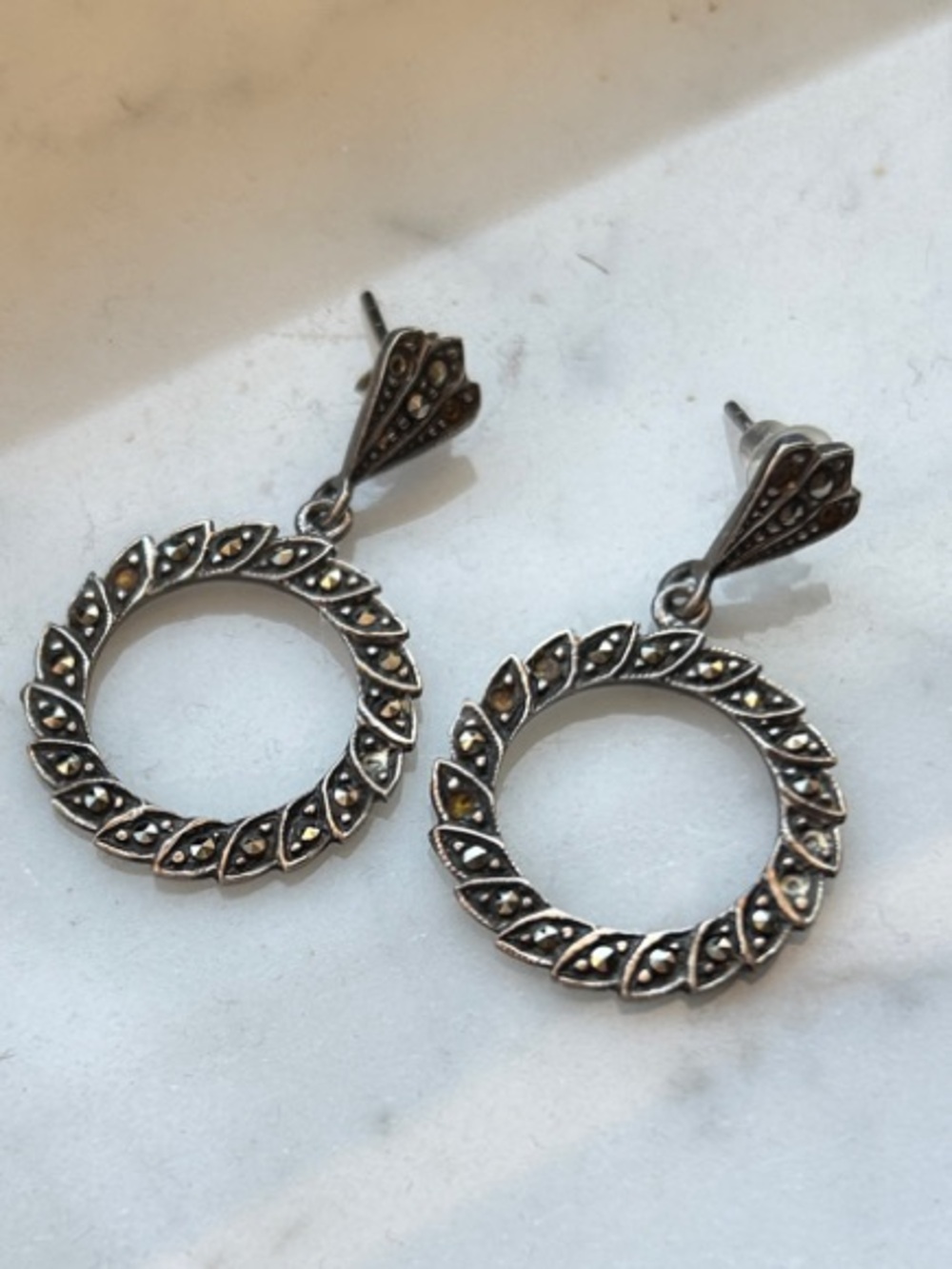 Sterling Silver Marcasite Circle Drop Earrings - Silver